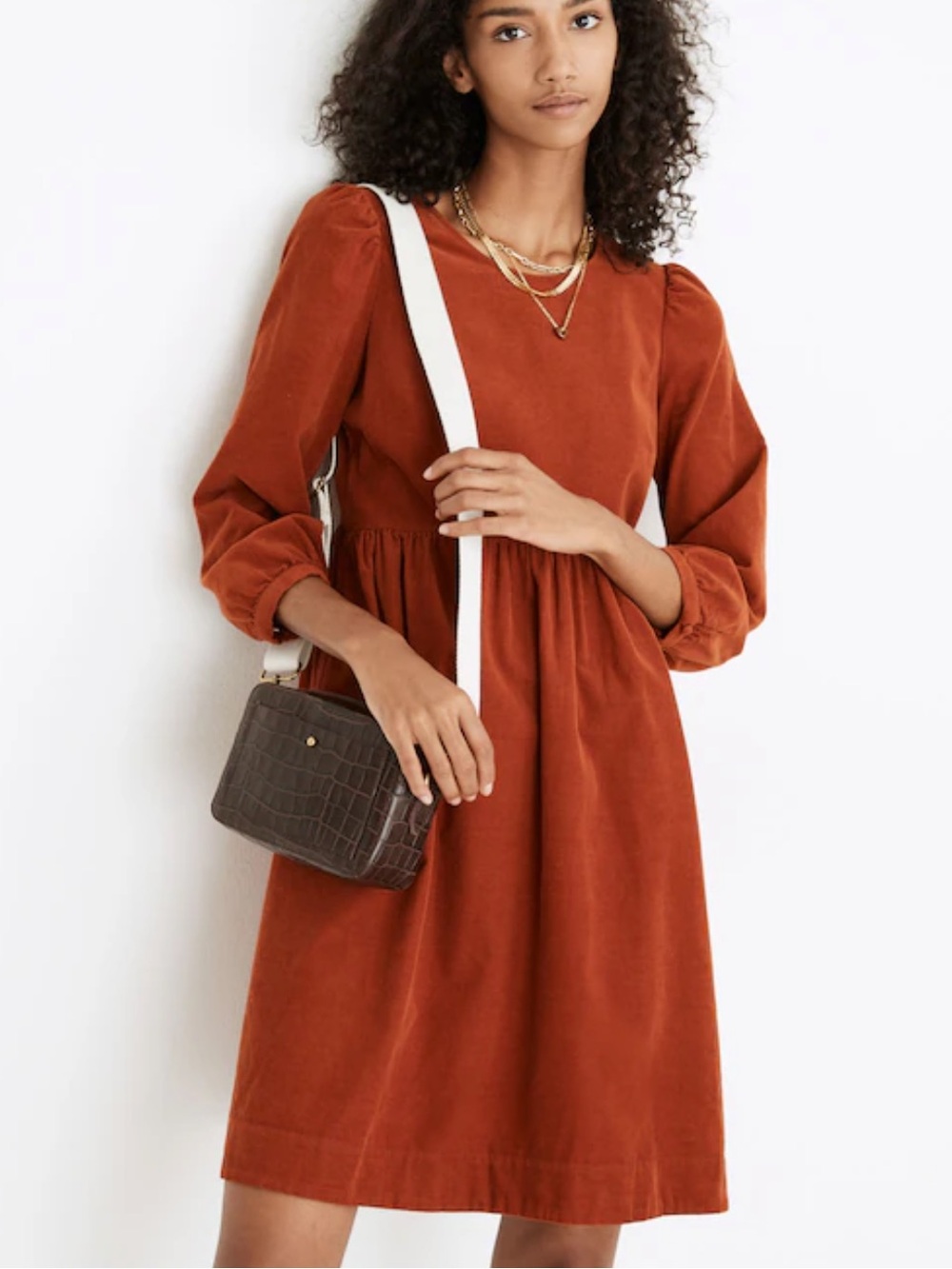 Madewell Corduroy Puff-Sleeve Mini Dress Large Faded Rust AF169